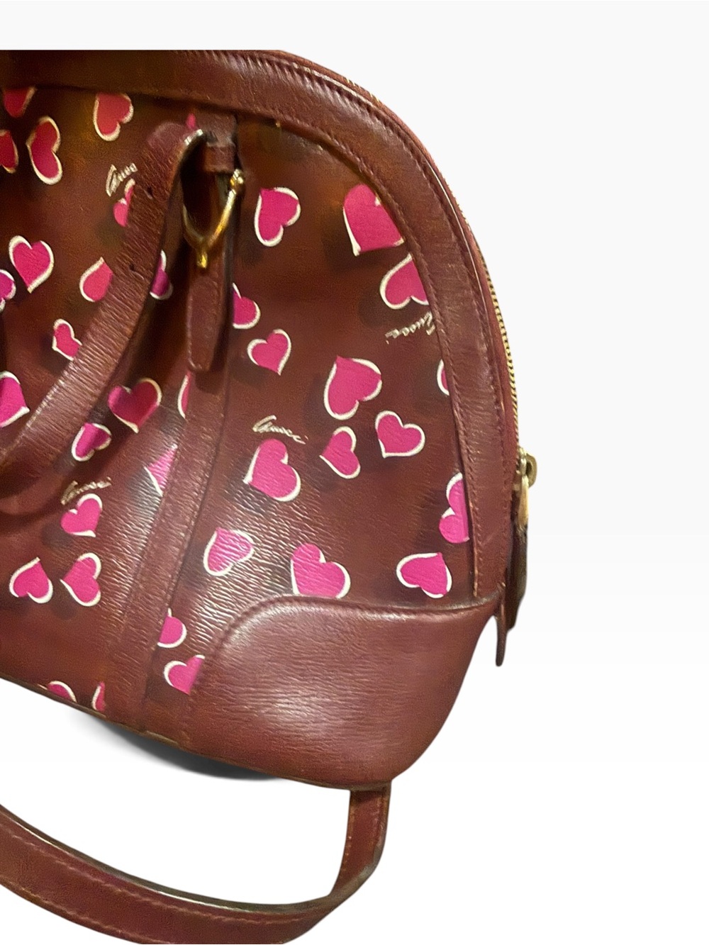 Gucci Vintage Y2K Burgundy Pink Heart Print Dome Satchel Shoulder Bag - Picture 7 of 11